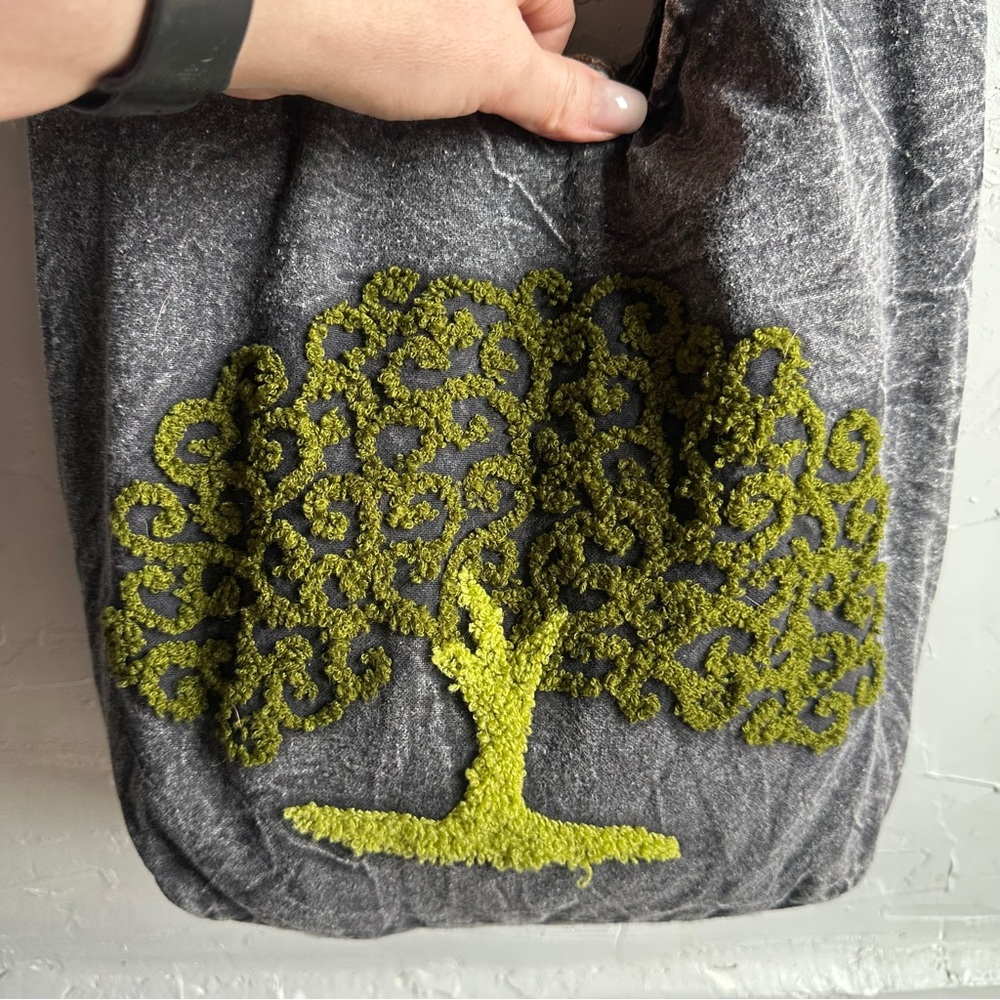 Vintage Washed Black Cotton Crossbody Bag Tree Embroidered Boho Whimsigoth Indie